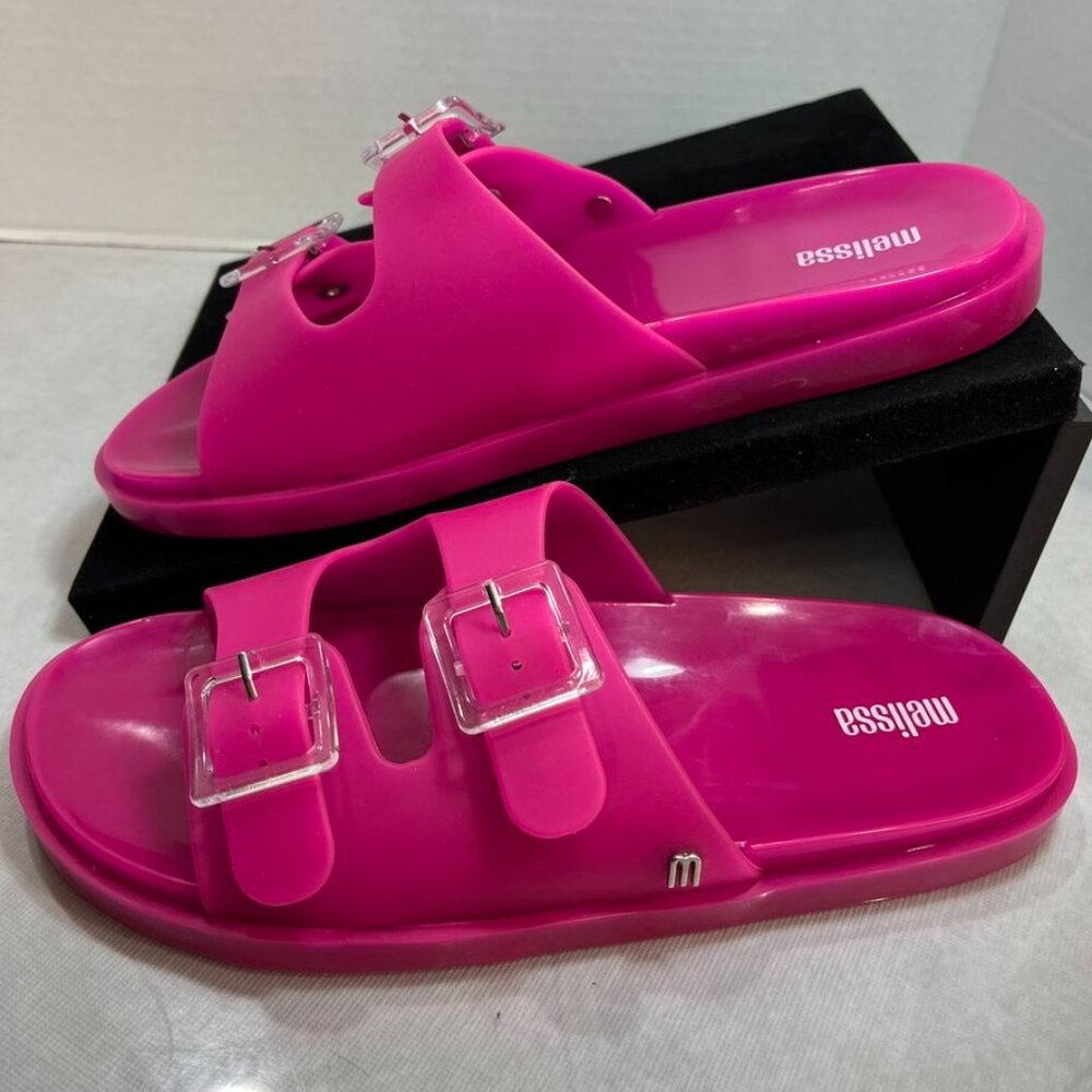 Melissa Wide Slide Jelly Sandals Dark Pink Clear Buckles Vegan Waterproof Size 5
